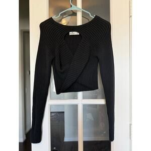 Hollister Womens Black Ribbed Wrap Sweater Crop Top Long Sleeve V Neck Medium